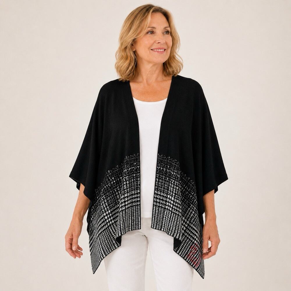 NWT Ming Wang Knit Wrap Poncho Shawl Houndstooth Black White Open Cardigan O/S